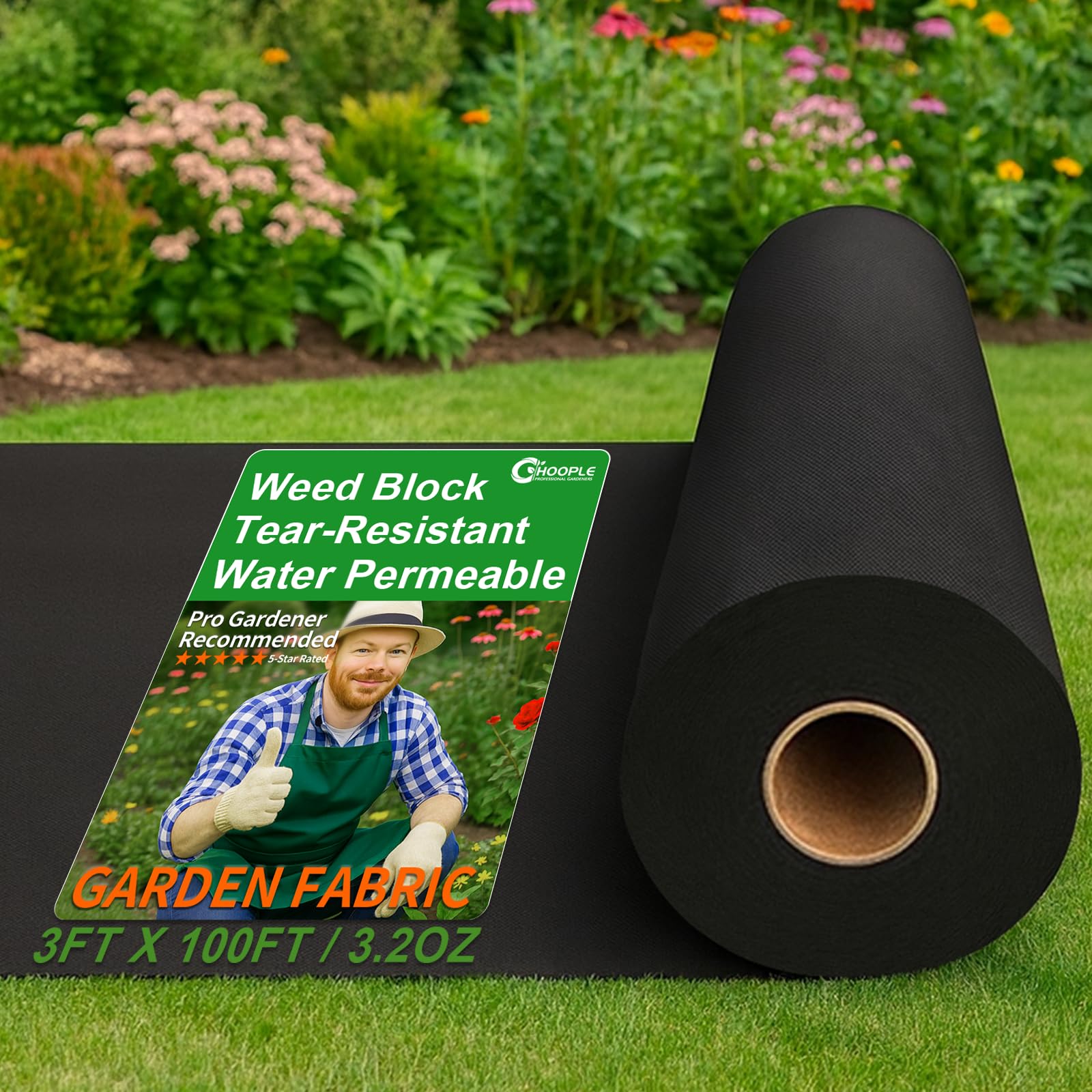HOOPLE 3FT*100FT Premium Landscape Fabric Weed Barrier, Durable & Heavy-Duty, Thick Weed Barrier Fabric, Easy Setup & Superior Weed Control Image