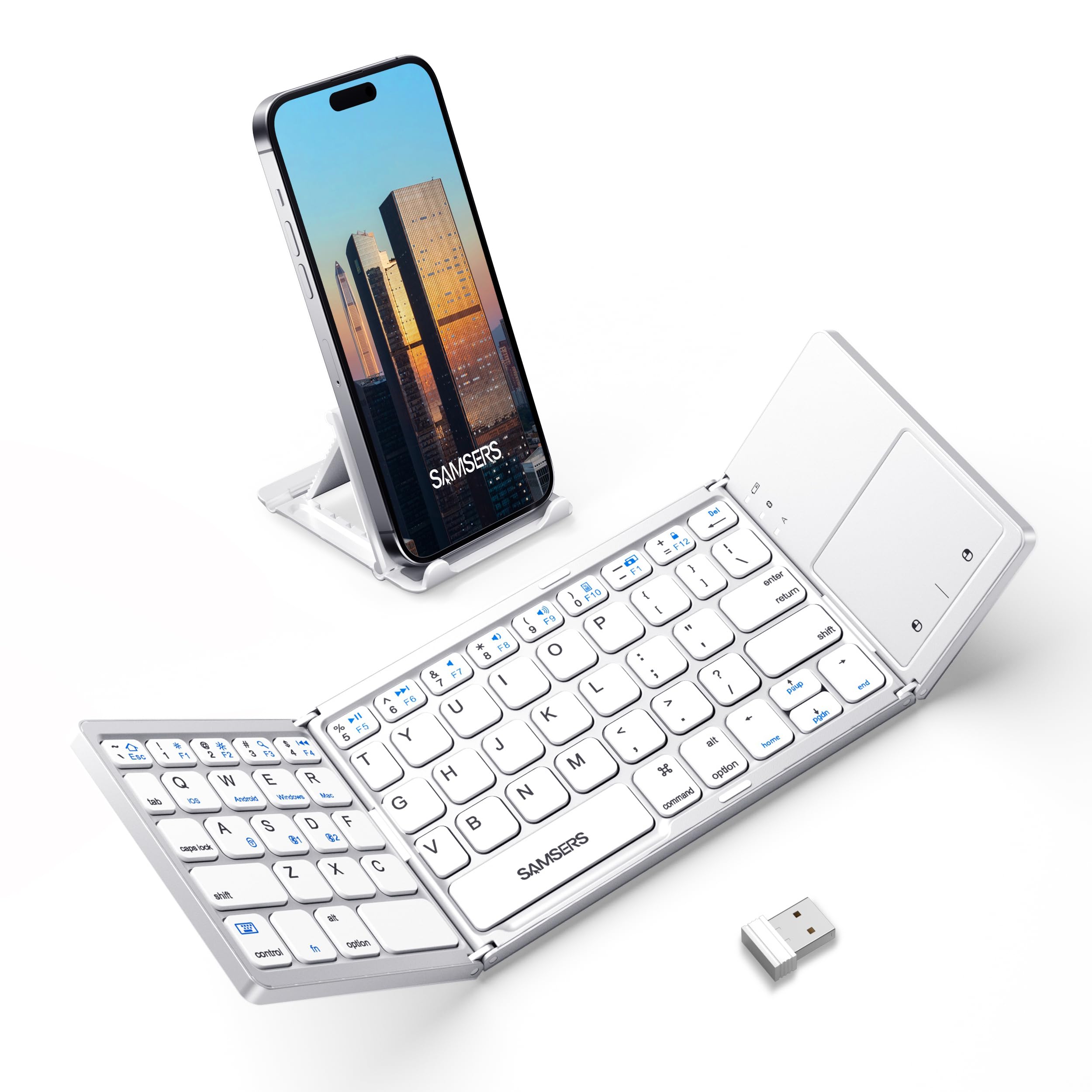 Photo 1 of Samsers Multi-Device Foldable Bluetooth Keyboard with Touchpad, Rechargeable Dual-Mode(2.4G+BTx2) Wireless Keyboard with Holder, Portable Folding Keyboards for Android Windows iOS Mac OS - Silver