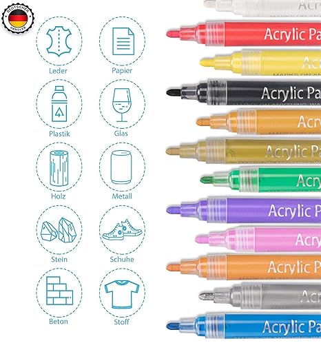 Acrylstifte Acrylic Painter Deco Pen – geeignet für verschiedene Oberflächen Keramik Stoff Glas Stein Holz Metall – 12 lebhaf