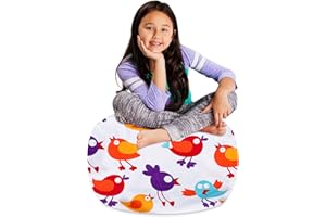 Posh Creations Stuffable Kids Stuffed Animal Storage Bean Bag Chair Cover - Childrens Toy Organizer Medium 27" - Canvas Birds on White