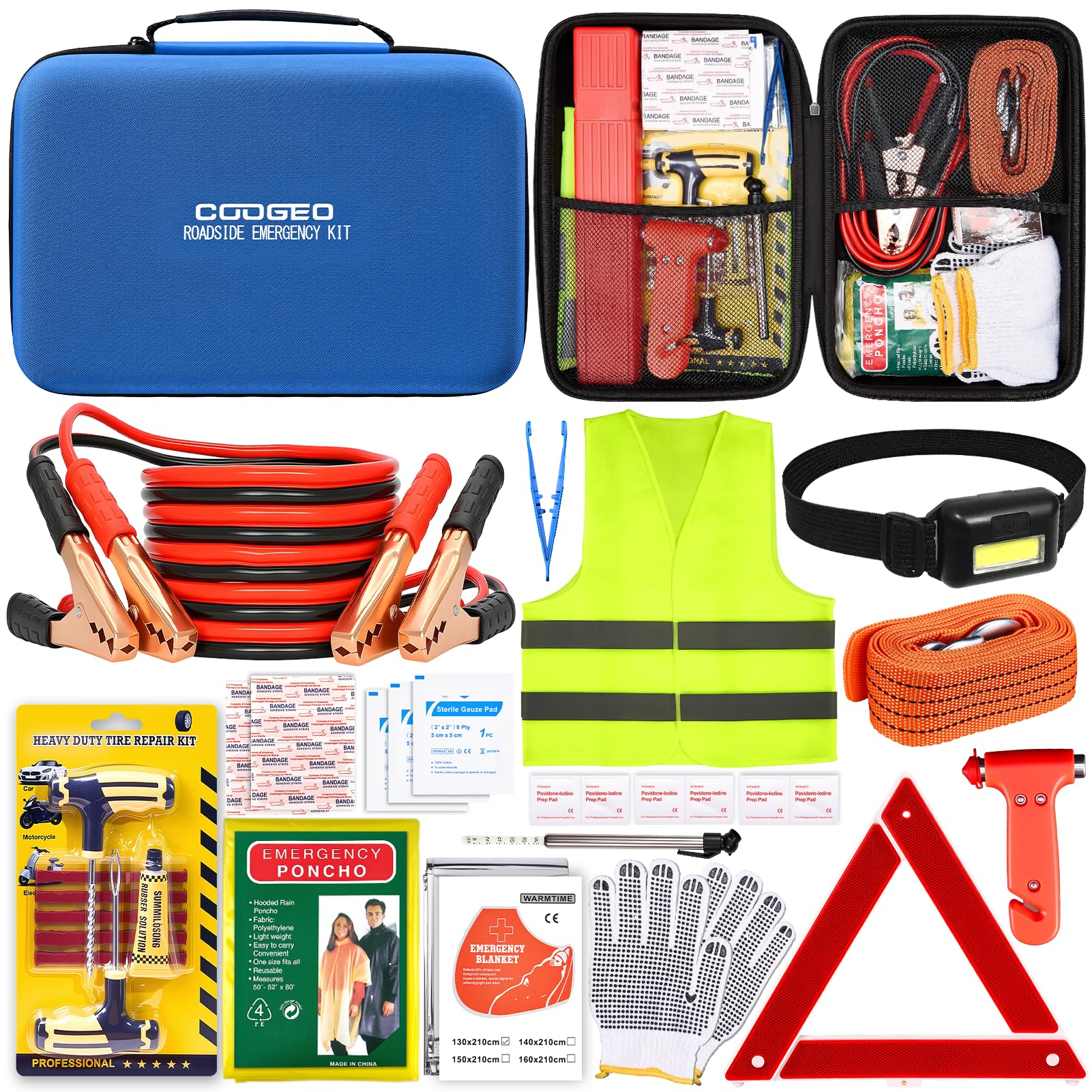 15PC Car Emergency Kit with Jumper Cables, Roadside Assistance Safety Kit for Auto & Truck, Includes Safety Hammers, Tow Strap, Warning Triangle, First Aid, Gifts for Young Men or Women, Blue Image