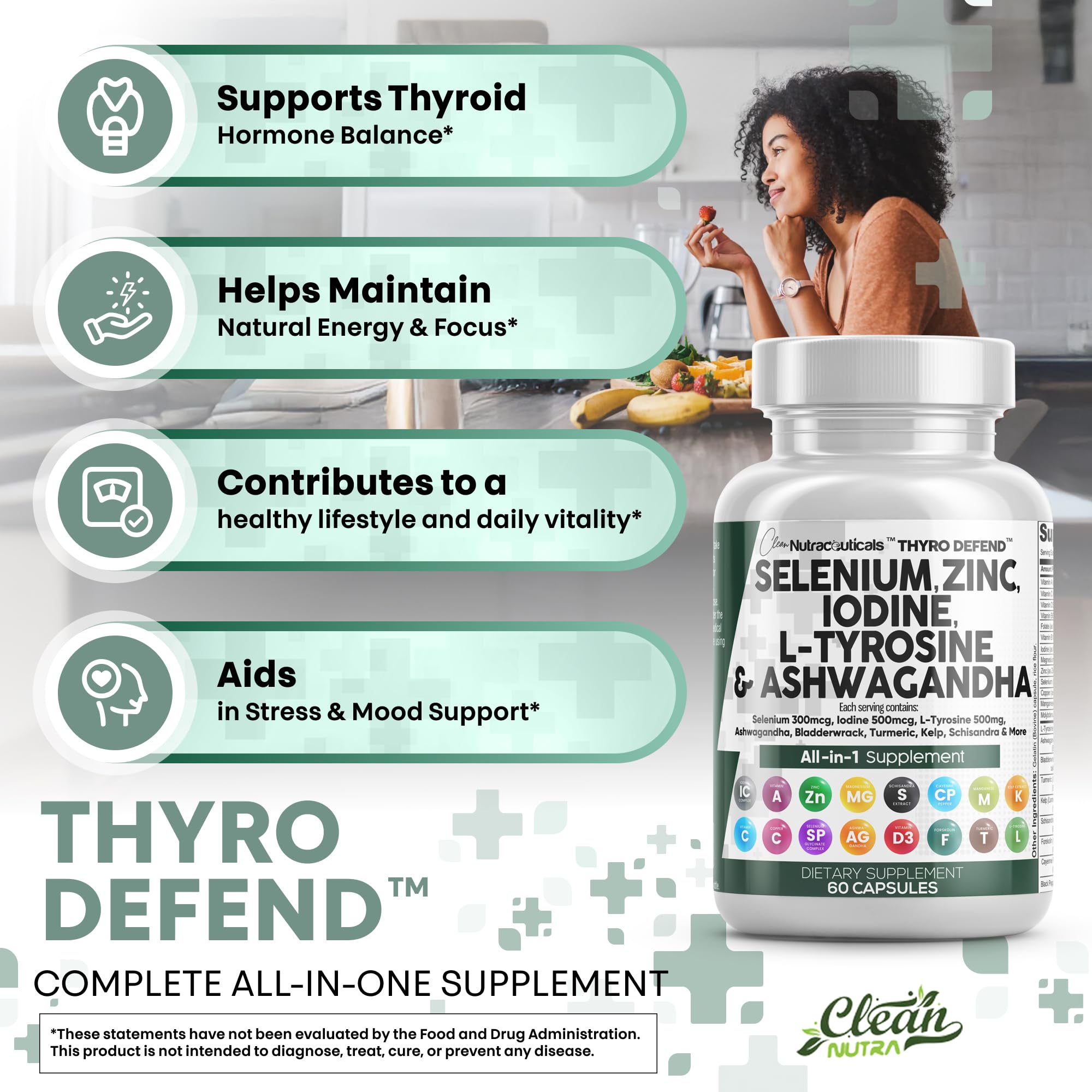 Clean Nutra Selenium 300mcg Iodine 500mcg Thyroid Support for Women & Men | L Tyrosine 500mg Ashwagandha Supplement Bladderwrack, Turmeric, Kelp, Schisandra Zinc Pills Capsule Supplements
