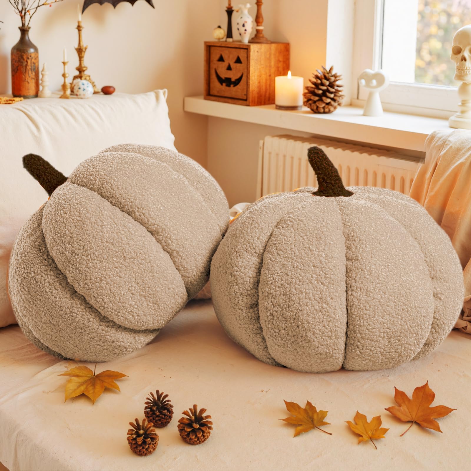 Photo 1 of Lanpn Fall Pumpkin Pillows Set of 2, Halloween Decoration Plush Throw Pillows Soft Fleece Sherpa Cute 3D Shaped Cushion for Sofa Couch Bedroom Autumn Thanksgiving Halloween Decor (Beige, 14.2x10.2in)