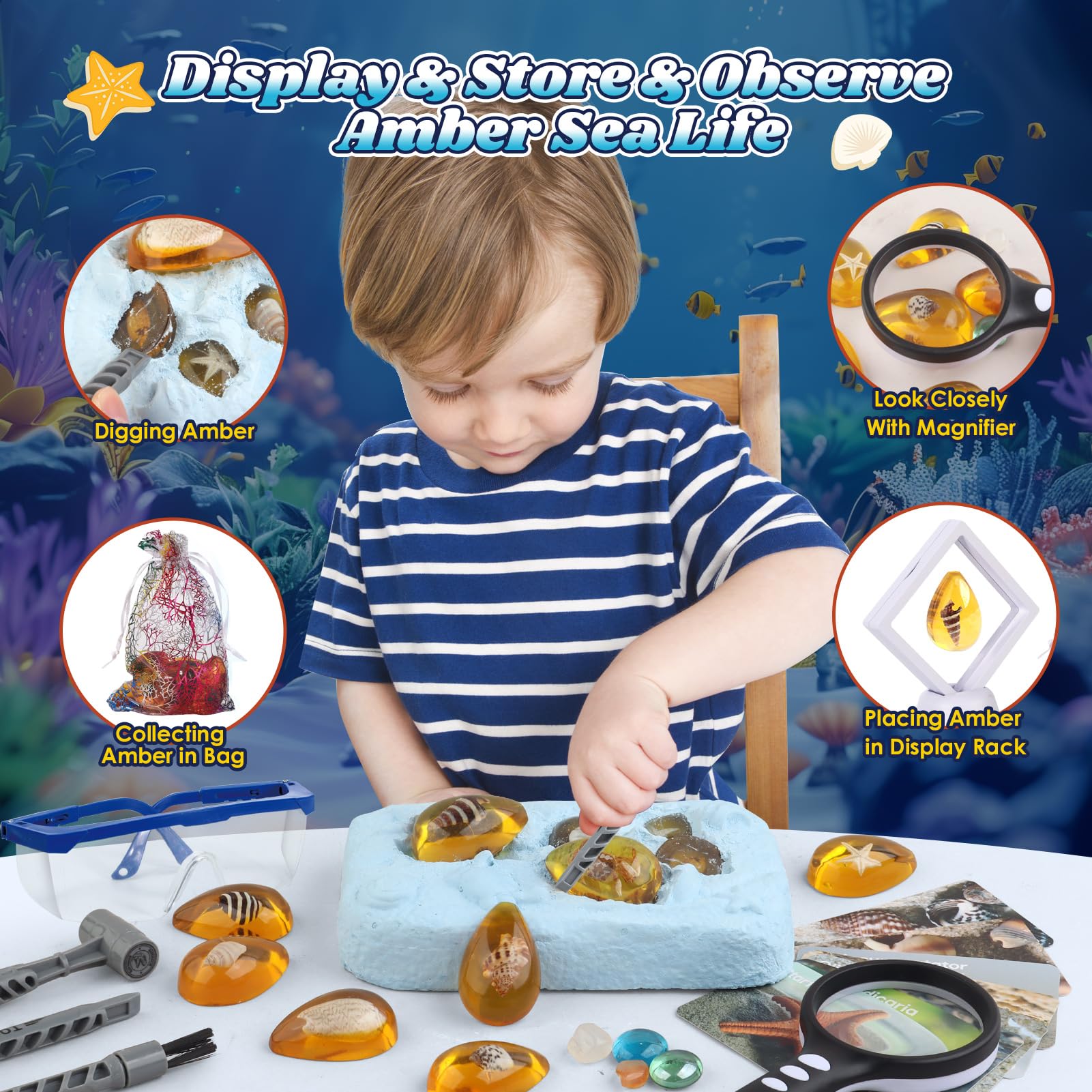 Ocean Dig Kit - 8 Specimens Excavation Kit, Gemstone for Kids, Fossil Ocean Toys Dig Kits for Amber Collection, Ocean Toys for Boys Girls 6 and up Year Old Birthday Gifts