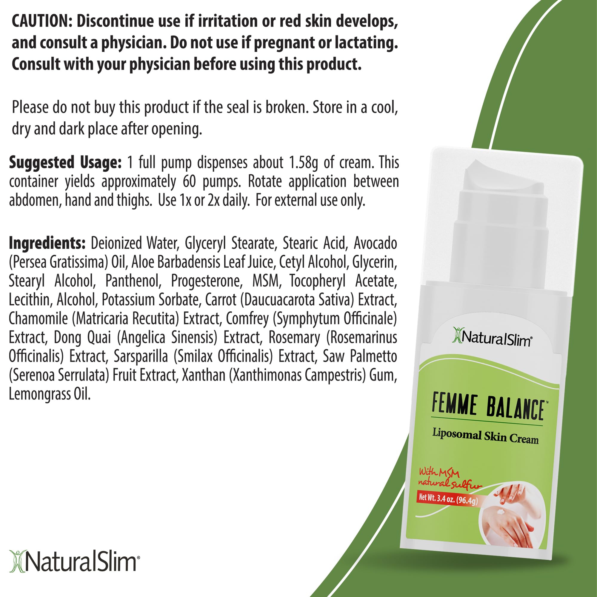 NaturalSlim Femme Balance - Progesterone Cream for Women - Natural Hormonal Balance & Menopause Support Creams for Women's Health - Liposomal Skin Cream - 60 Pumps 3.4 oz
