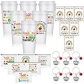 Skylety 24 Pcs Funny Valentine's Day Teacher Appreciation Gifts for Women Teachers Presents End of Year Gifts 16oz Reusable Coffee Cup Makeup Pouch Keychains Greeting Card for Valentine Teacher's Day