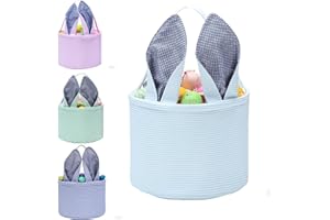 PKONEWNO Easter Bunny Basket Seersucker Egg Bags for Kids,Personalized Candy Egg Basket Rabbit Boy Girl Gift Buckets with Fluffy Tail Gifts Bags for Easter(Blue)