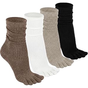 Janmercy 4 Pair Crew Five Toe Sock for Women Cotton | Multicolor & Themes to Choose, Toe Separator, Knee High Stacked Socks,