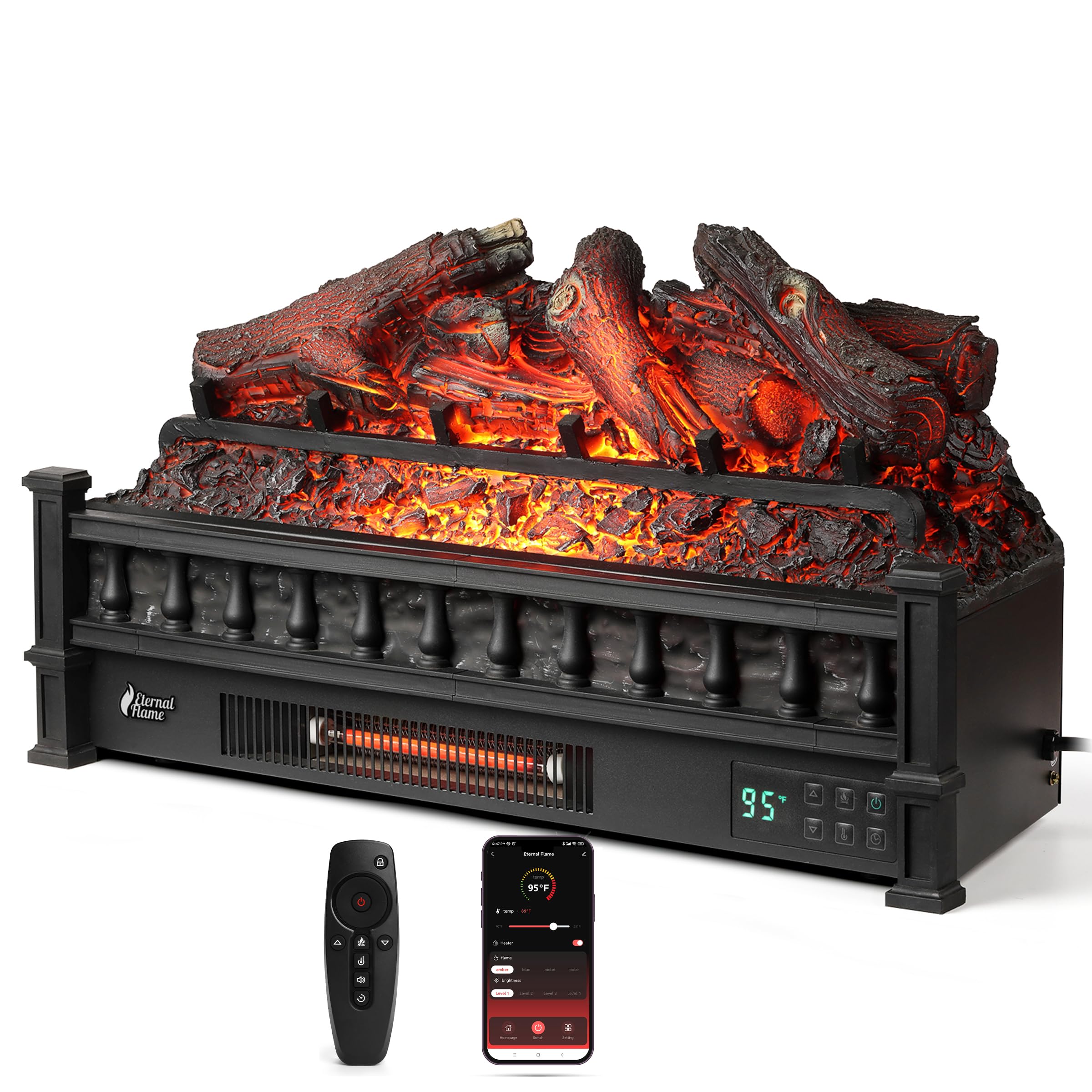 TURBRO Eternal Flame 26 in. WiFi Infrared Quartz Electric Fireplace Log Heater with Sound Crackling, Realistic Lemonwood Logs, Adjustable Flame Colors, Remote Control, Thermostat, Timer, 1500W Black Image TURBRO Eternal Flame 26 in. WiFi Infrared Quartz Electric Fireplace Log Heater with Sound Crackling, Realistic Lemonwood Logs, Adjustable Flame Colors, Remote Control, Thermostat, Timer, 1500W Black Image