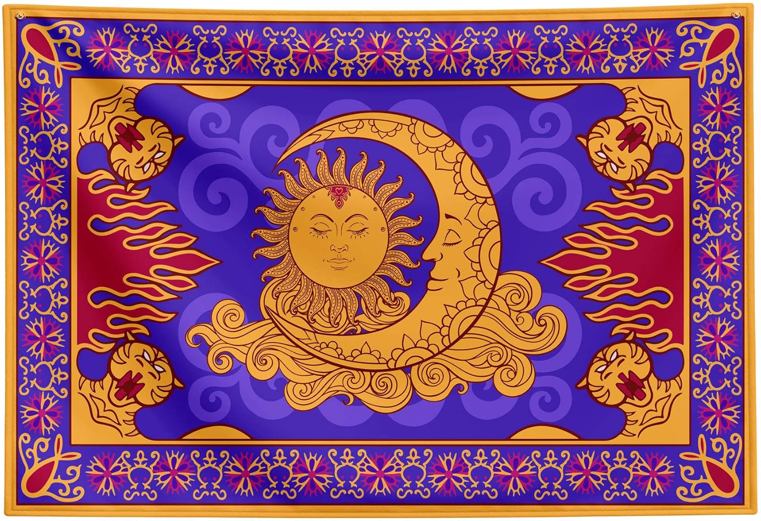 Tapestries - MINAKO Magic Carpet Tapestry Wall Hanging, Sun and Moon Wall Tapestry for Bedroom, Wonderful Magical Flying Carpet Psychedelic Mystic Faces Boho Tapestry Aesthetic for Home Decor Extra Large 90 x 60 inch Multicolor