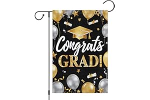 Heyfibro Congrats Grad Garden Flag 12x18 Inch Double Sided Burlap, Gold and Silver Graduation Cap Balloons Class Of 2026 Yard