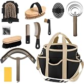 Abbylike 12 Piece Horse Grooming Kit with Organizer Tote Bag Brush Sets for Derby Day Show Horses Professional Tools for Care &amp; Massage(Black and Dark Grey)