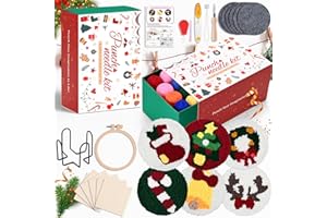 Atawlege 6 PCS Christmas Punch Needle Kit, DIY Punch Needle Embroidery Set for Adults & Kids Beginnners, Christmas Tree Santa Claus Coasters Gift with Monk Cloth Hoop Tools Yarns
