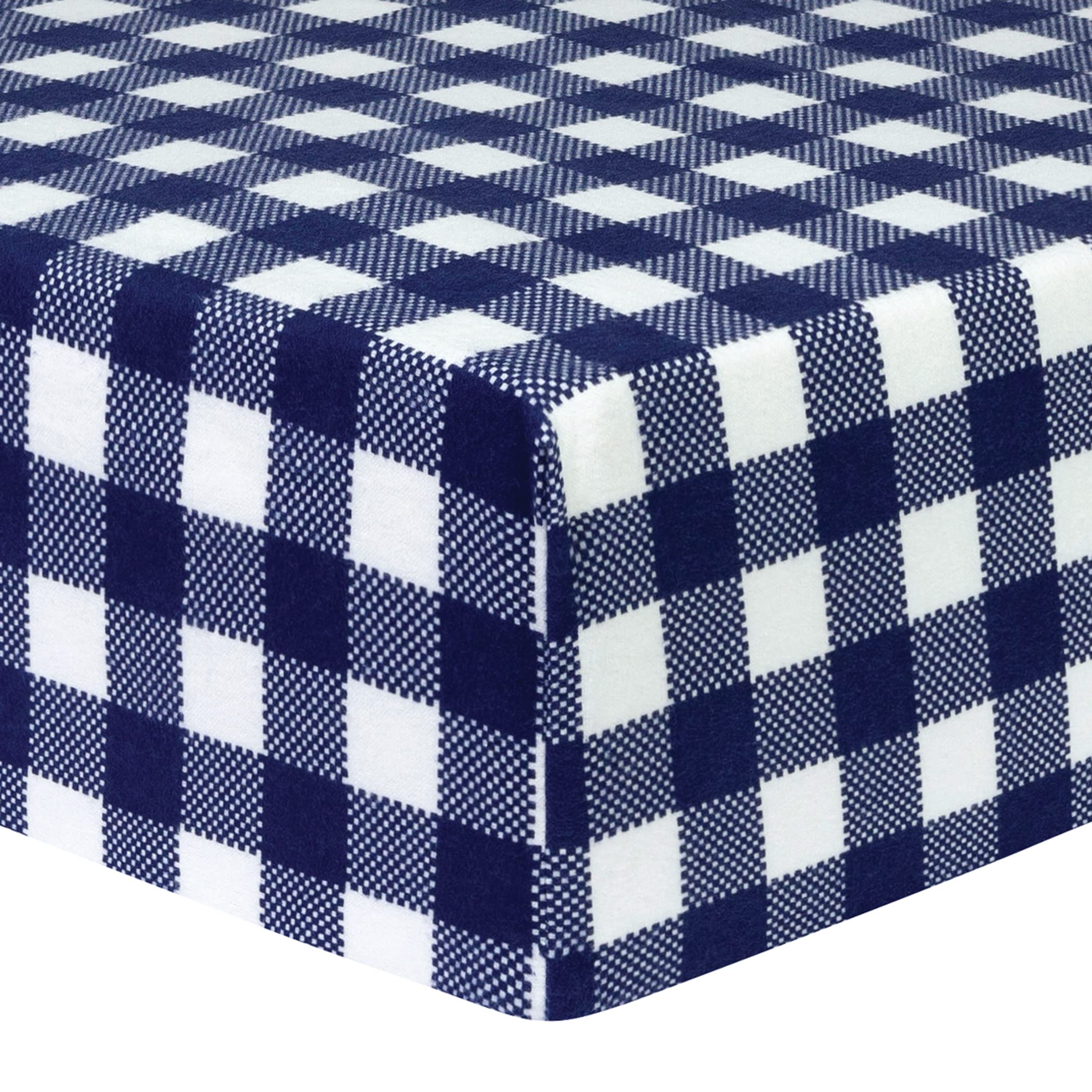 Navy and White Buffalo Check Deluxe Flannel Fitted Crib Sheet-Buffalo Check Print, Cotton Flannel, Navy, White, Fully Elasticized, 10 in Deep Pockets, Fits Standard Crib Mattress 28 in x 52 in
