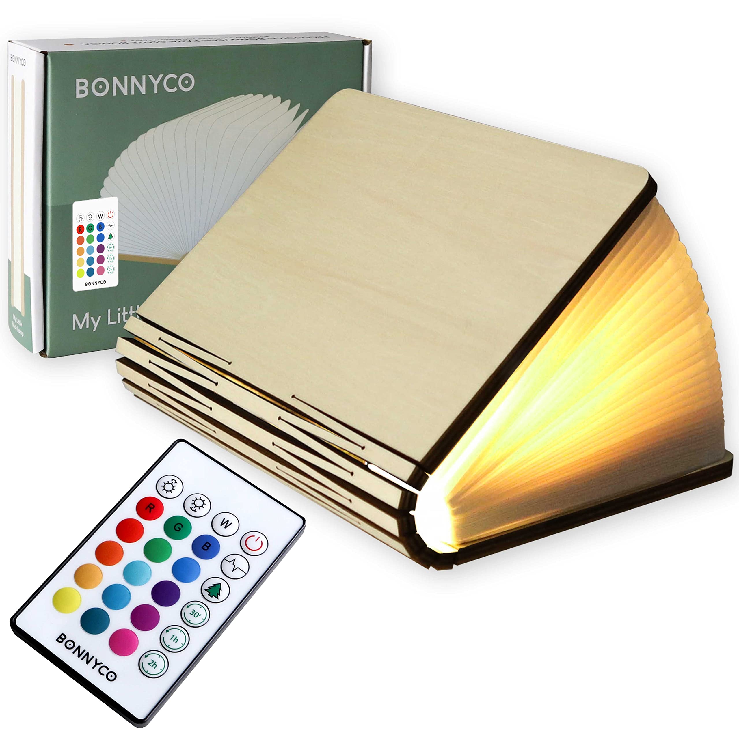 BONNYCO Led Book Light Wooden Folding Lamp with Remote Control, 16 Colours and Timer. Table Book Lamp Night Light Perfect for Home, Office, Room Decor. Christmas, Birthday Gifts for Women and Men