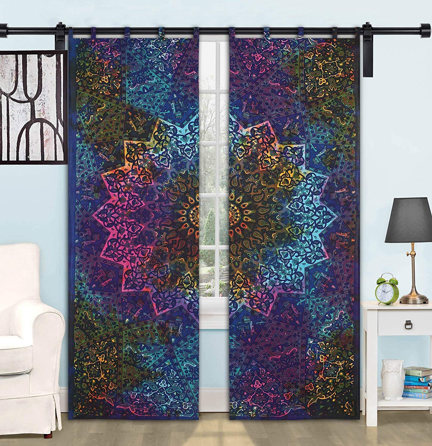 Radhykrishnafashions Beautiful Mandala Tapestry Curtains, Tapestry Drapes, Mandala Wall Hanging, Indian Curtains Mandala Bohemian Decor Window Treatment Door Hanging Curtain (Multi Star)