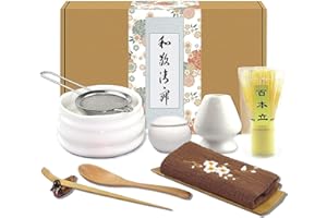 Artcome 10Pcs Japanese Matcha Tea Set, Matcha Bowl, Matcha Whisk, Whisk Holder, Traditional Scoop, Tea Spoon, Tea Cloth, Bamboo Holder, Scoop Holder, Matcha Powder Caddy, Matcha Powder Strainer(White)