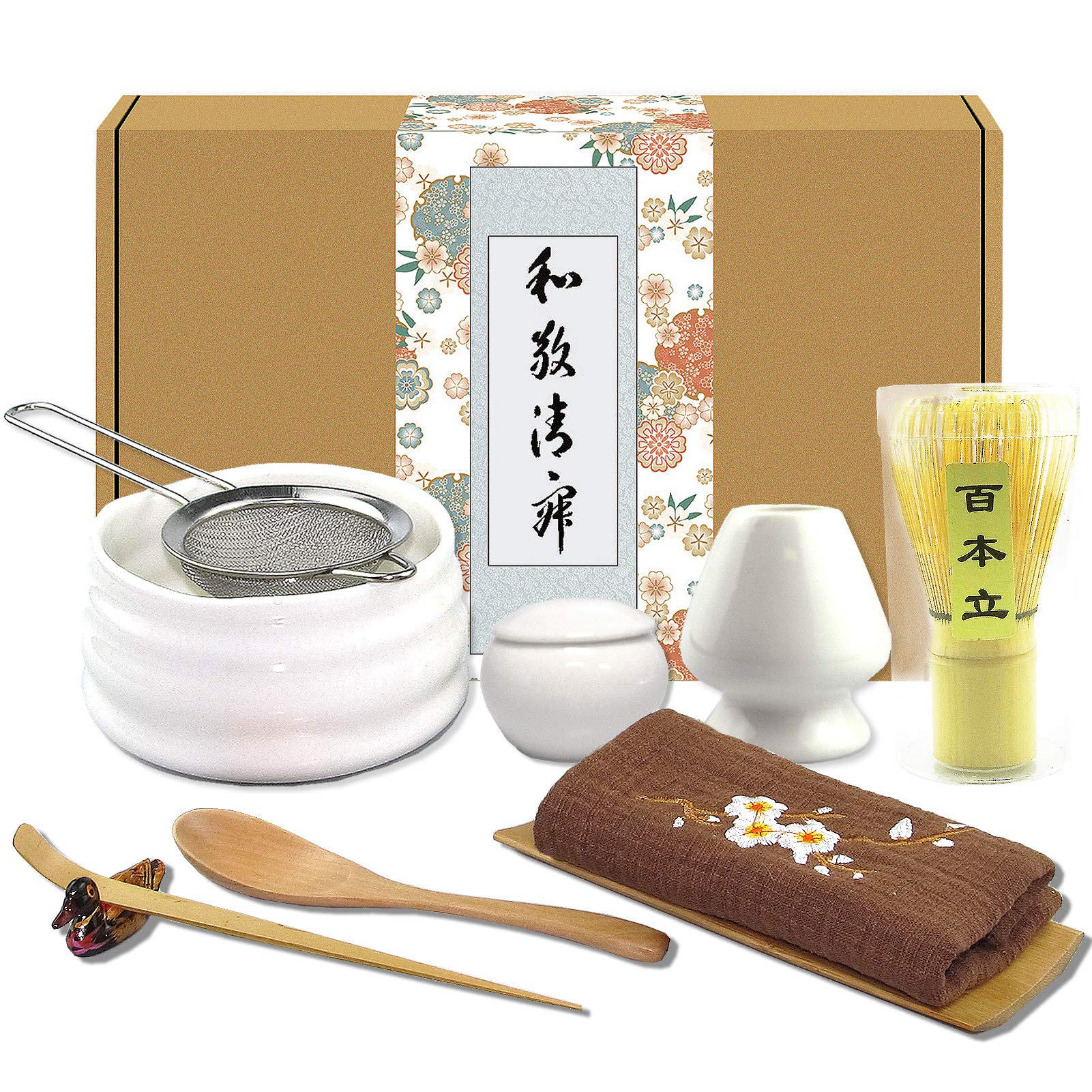 Artcome Japanese Matcha Tea Set - 10 Pcs, Bowl, Whisk, Scoop, Spoon, Cloth, Bamboo Holder, Powder Caddy, Powder Strainer (White)