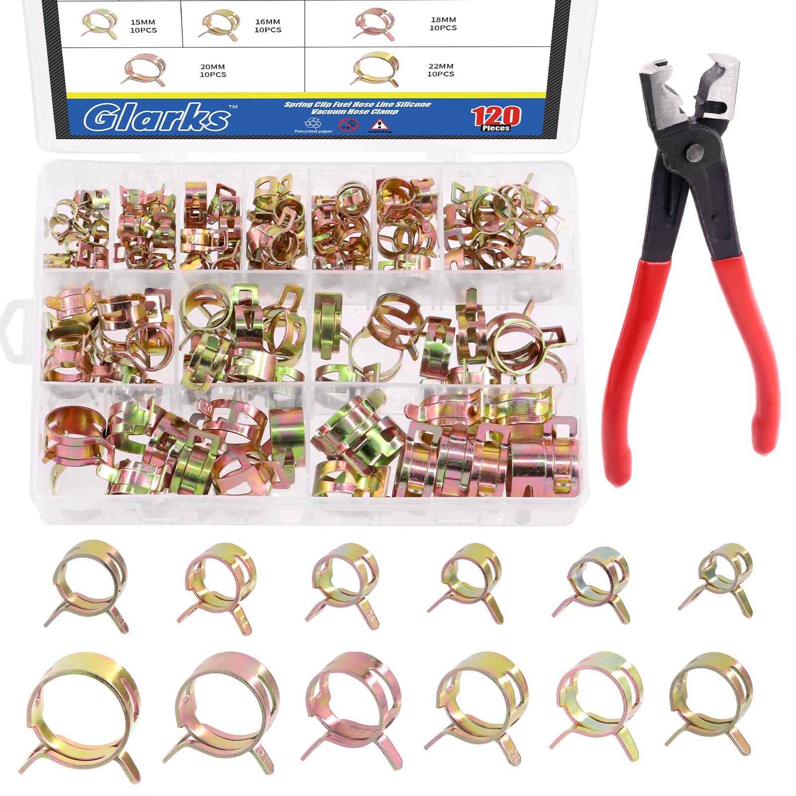 Glarks 121Pcs 12 Sizes 7-12mm Spring Band Type Clips Fuel Silicone Vacuum Hose Pipe Fasteners Assortment Kit with 1Pc Clic-R Hose Clamp Pliers