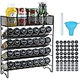 Skiileor Spice Rack Organizer with 28 Spice Jars, Black Lids，Spice Labels, Chalk Marker and Funnel Set for Cabinet, Countertop, Pantry, Cupboard or Wall Mount