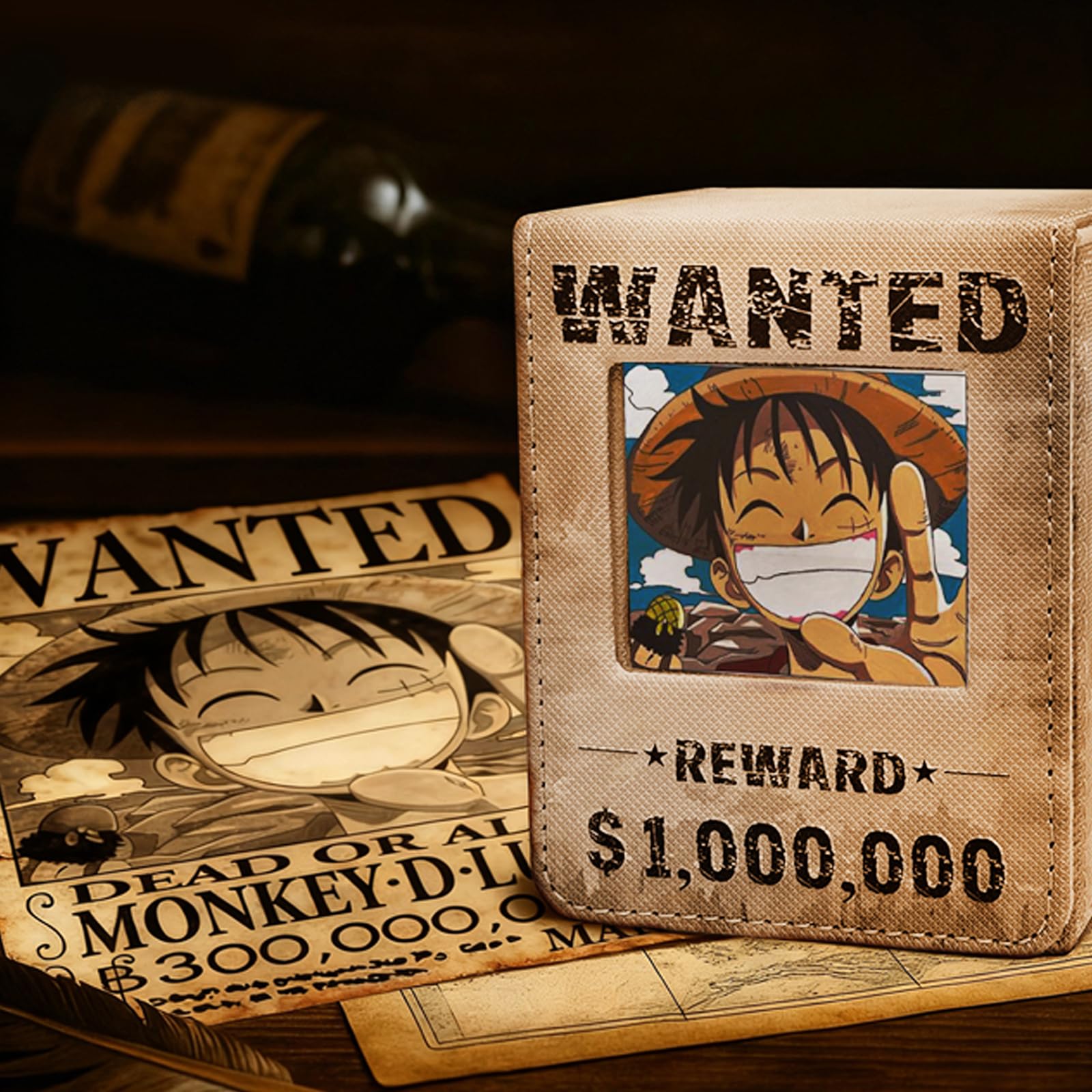 Venssu Wanted Poster Style Deckbox mit Commander Display, MTG Kartenbox für 120 Einfach Gesleevte Karten, Sammelkarten Aufbewahrungsbox aus PU-Leder mit 2 Trennwänden, kompatibel mit One Piece/TCG 5