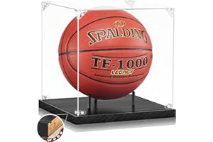 JupDec Basketball Display Case Acrylic Clear 10" Full Size with Solid Wood Base, UV Protected Soccer Display Stand Box for Au