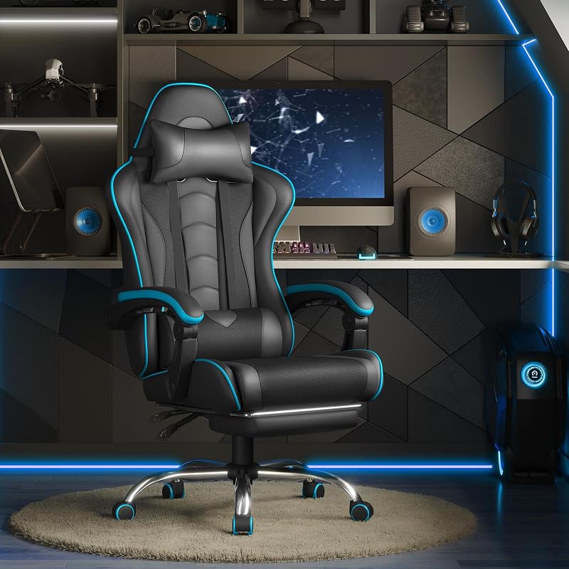 Cadeira gaming com massageador cadeira de escritório com apoio para os pés cinzento