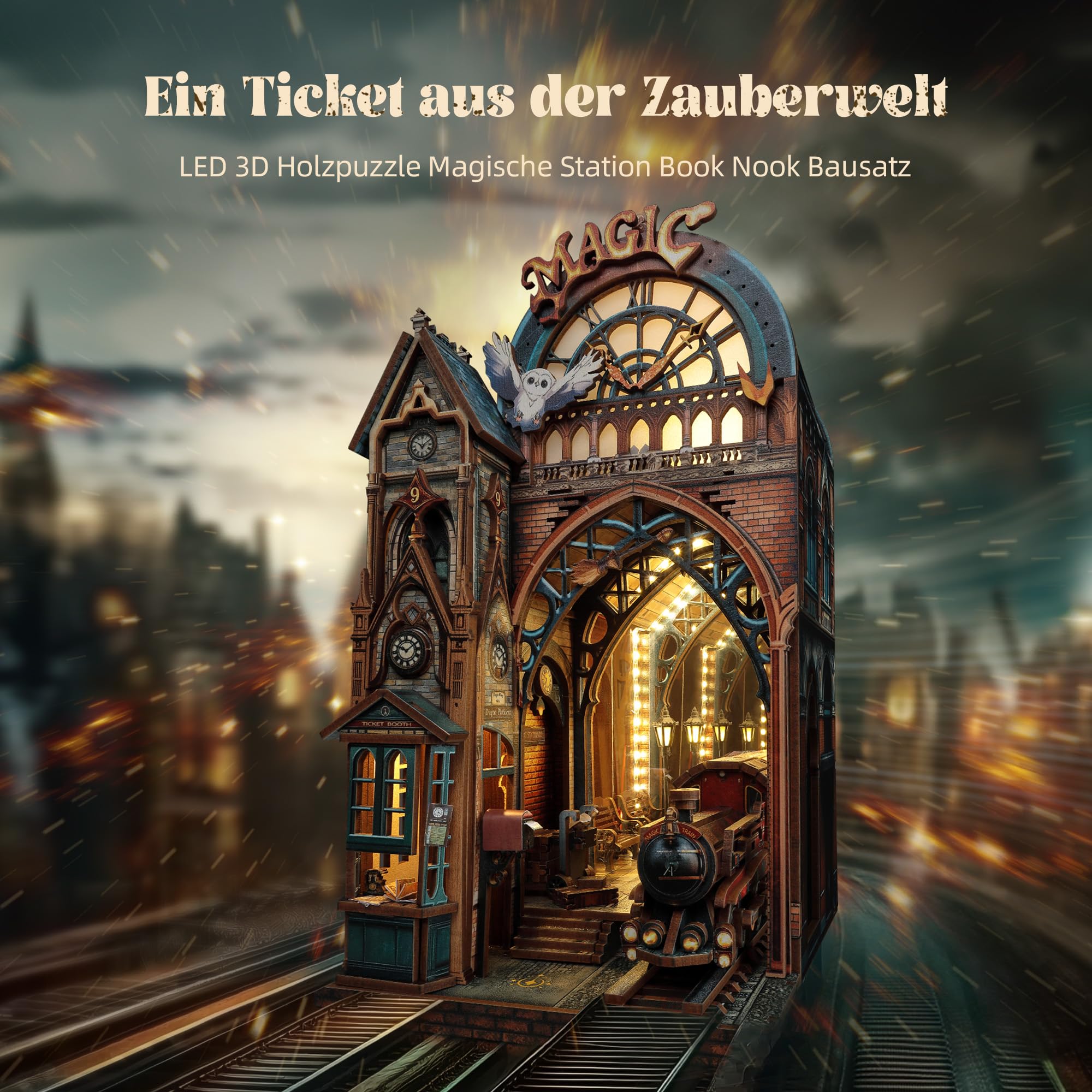 FUNPOLA LED 3D Puzzle Magische Station Book Nook Kit - Interaktives 3D Holzpuzzle LED Magische Miniatur mit unendlichem Erweiterungsraum - DIY Bücherregal Einsatz Dekor Geschenke (Magic Station) 2
