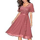 Miusol Women's Sequin Lace V Neck Ruffle Style Cocktail Party Chiffon A-line Dress