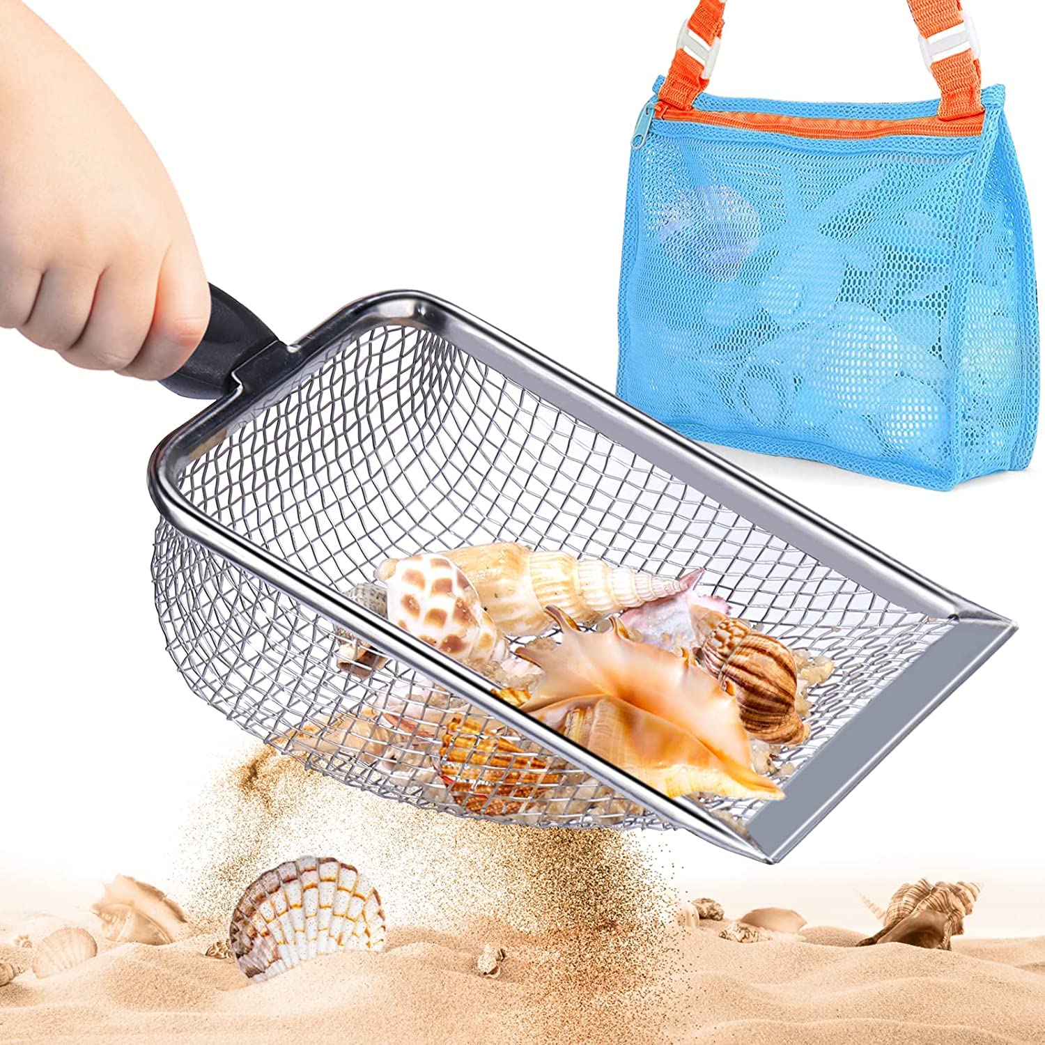 mciskin Beach Mesh Shovel with Mesh Beach Bag for Shell Collecting, Kids Filter Sand Scooper for Picking Up Shells, Shark Tooth Sifter Dipper for Boys and Girls, Beach Tool