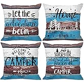 MIXDING Rustic Welcome to Our Camper Let The Adventure Begin Throw Pillow Cover Pillowcase 18x18 Inch (Set of 4) Decor, Camper Rv Farmhouse Sofa Bed Bedroom Home Decoration