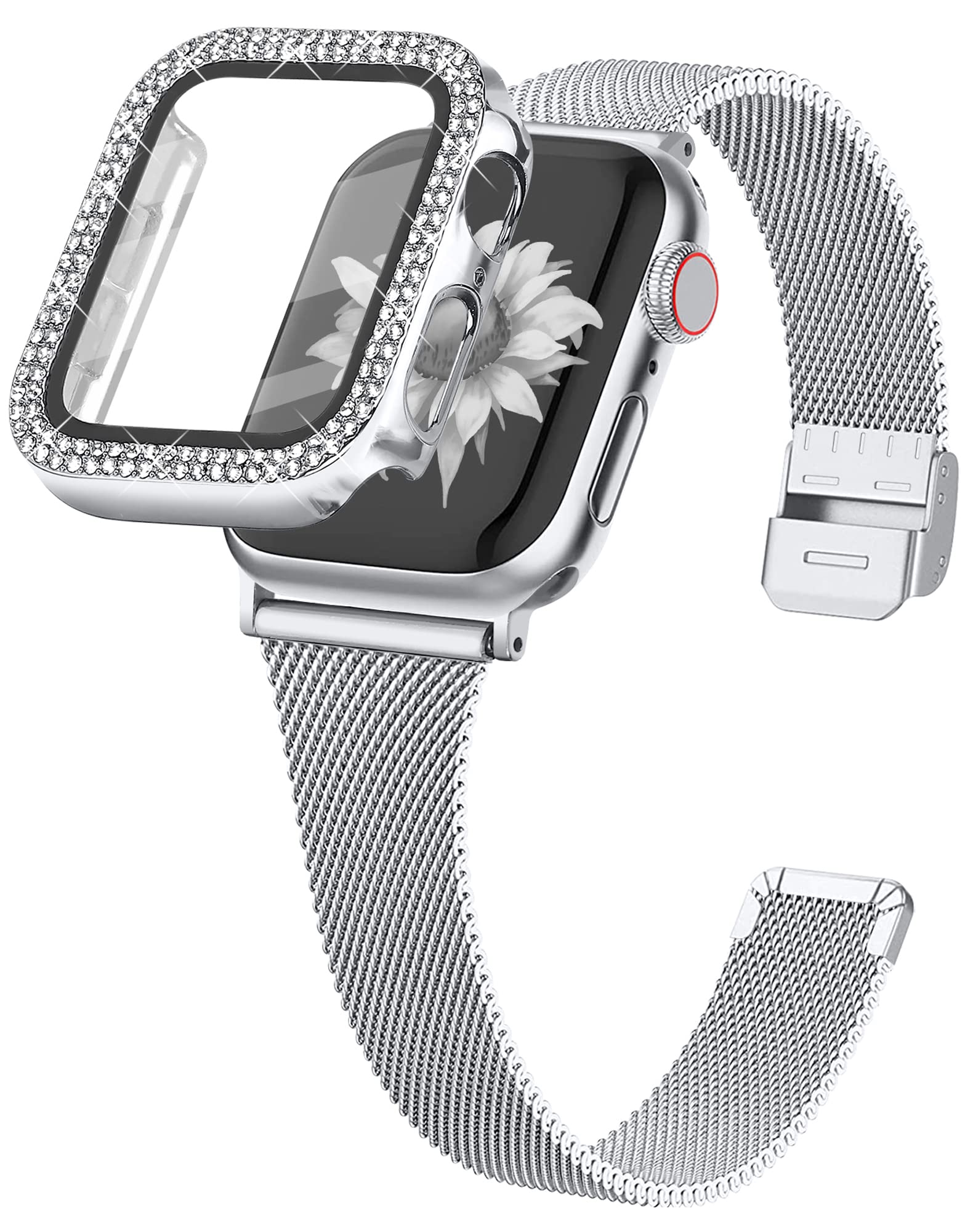 Photo 1 of Joyozy Slim Stainless Steel Band Compatible with Apple Watch 38mm 40mm 41mm 42mm 44mm 45mm 46mm Milanese Strap with Bling Glitter Case Built-in Screen Protector Dressy Bracelet Band for Women (Silver 46mm)