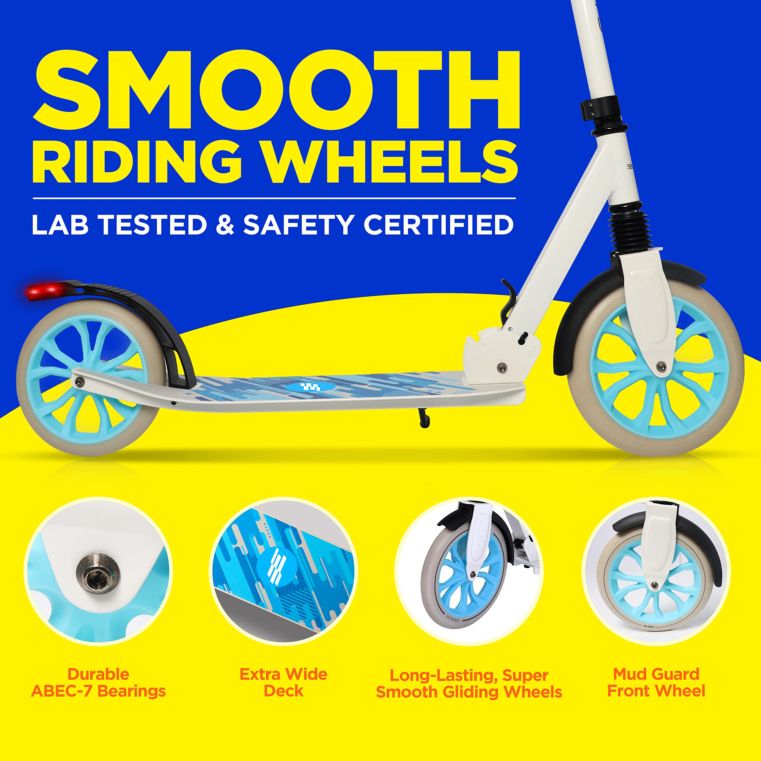 SereneLife Kick Scooter for Adults, Teens, and Kids – 2-Wheel Folding Scooter with Adjustable T-Bar, Anti-Slip Alloy Deck, Carry Strap, White