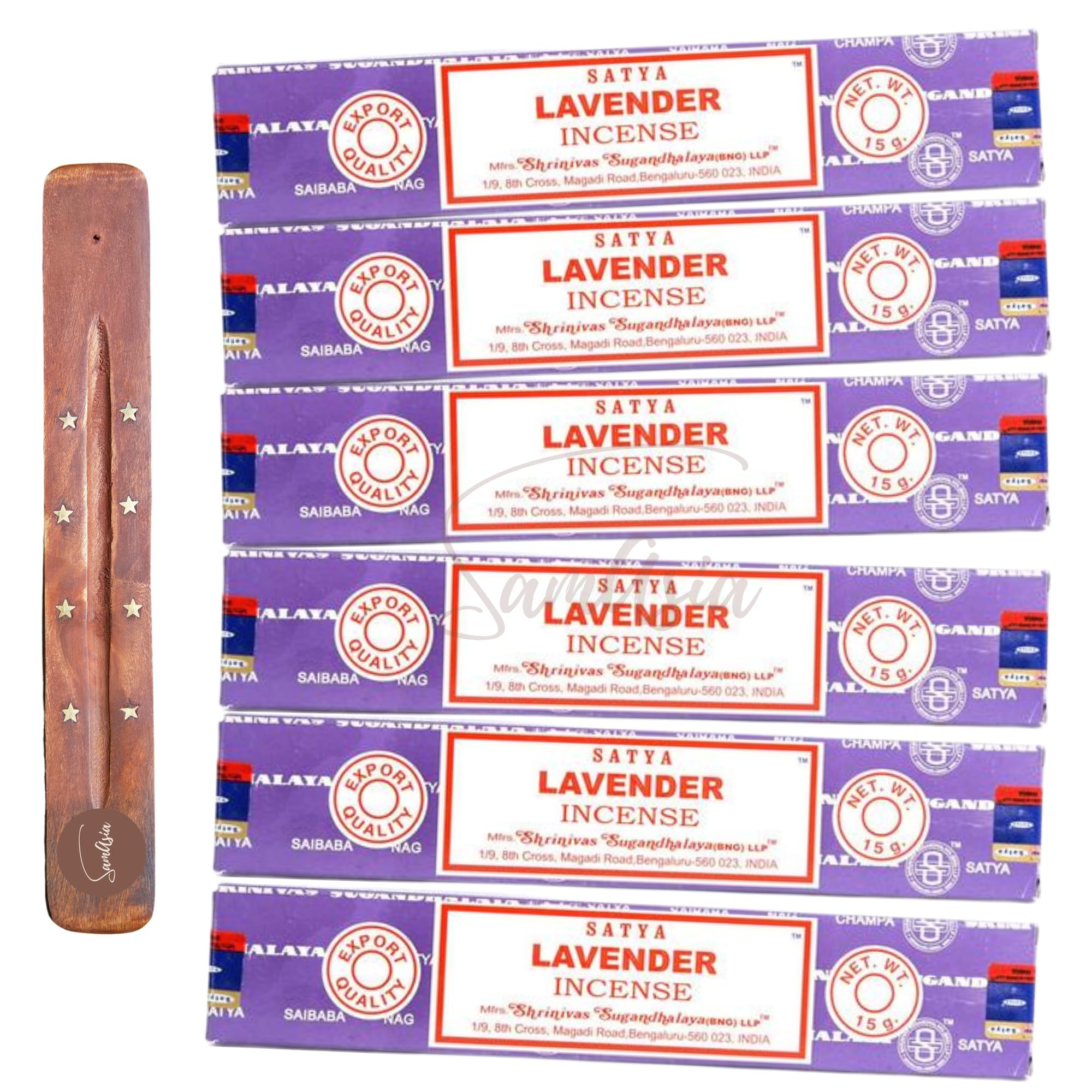 Satya Nag Champa Lavender Incense Sticks | x6 pack | with SAMASIA incense sticks holder | Used for Aromatherapy, Spa, Yoga, Weddings, Meditation, Healing, Positivity and Relaxation