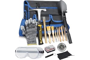 LASUK 18PCS Geology Rock Pick Hammer Kit, Gold Mining & Prospecting Equipment Tool, including Hammer, Shovel, Wooden Chisel, Magnifying glass, Whistle, Goggles, Brushes, Flocked bags, compass
