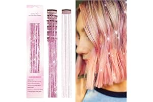 Clip in Hair Tinsel Kit, POROLIR 6Pcs Glitter Fairy Tinsel Hair Extensions 20 Inch Shiny Hair Tinsel Heat Resistant, Sparkly Strands Hair Accessories, Festival Gift for Women Girls Kids (Glitter Pink)