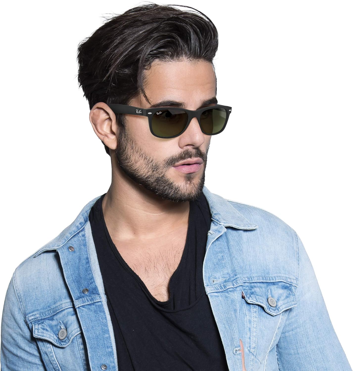 Ray-Ban RB2132 New Wayfarer Sunglasses, Rubber Black/Green, 55 mm: Shoes