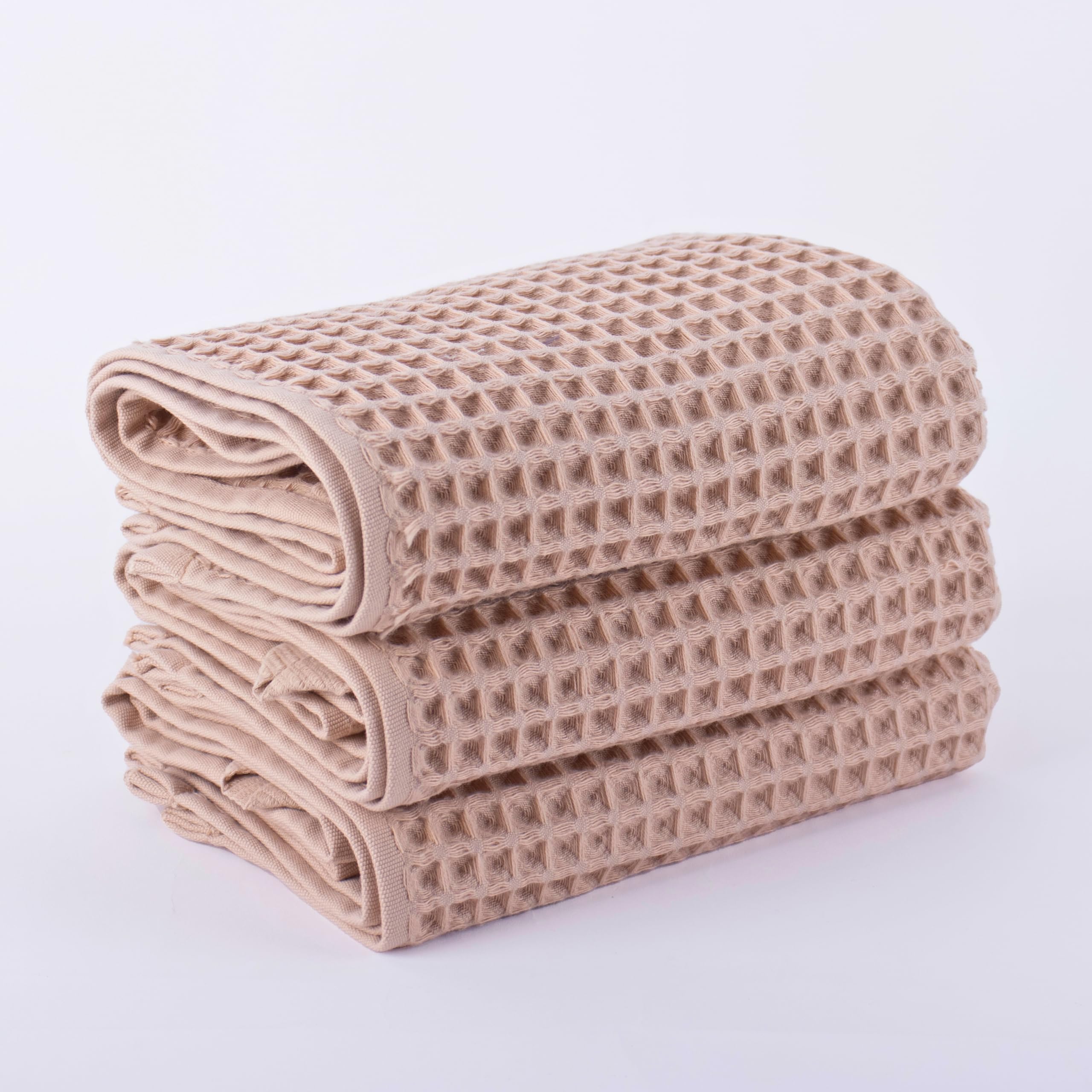 PÜSKÜL Waffle Kitchen & Hand Towel Organic 100% Turkish Cotton Set of 3 Beige - Premium Quality, Soft, Quick-Dry, Absorbent, Lint-Free Waffle Weave Towels 32X16 Inches (3, Beige)