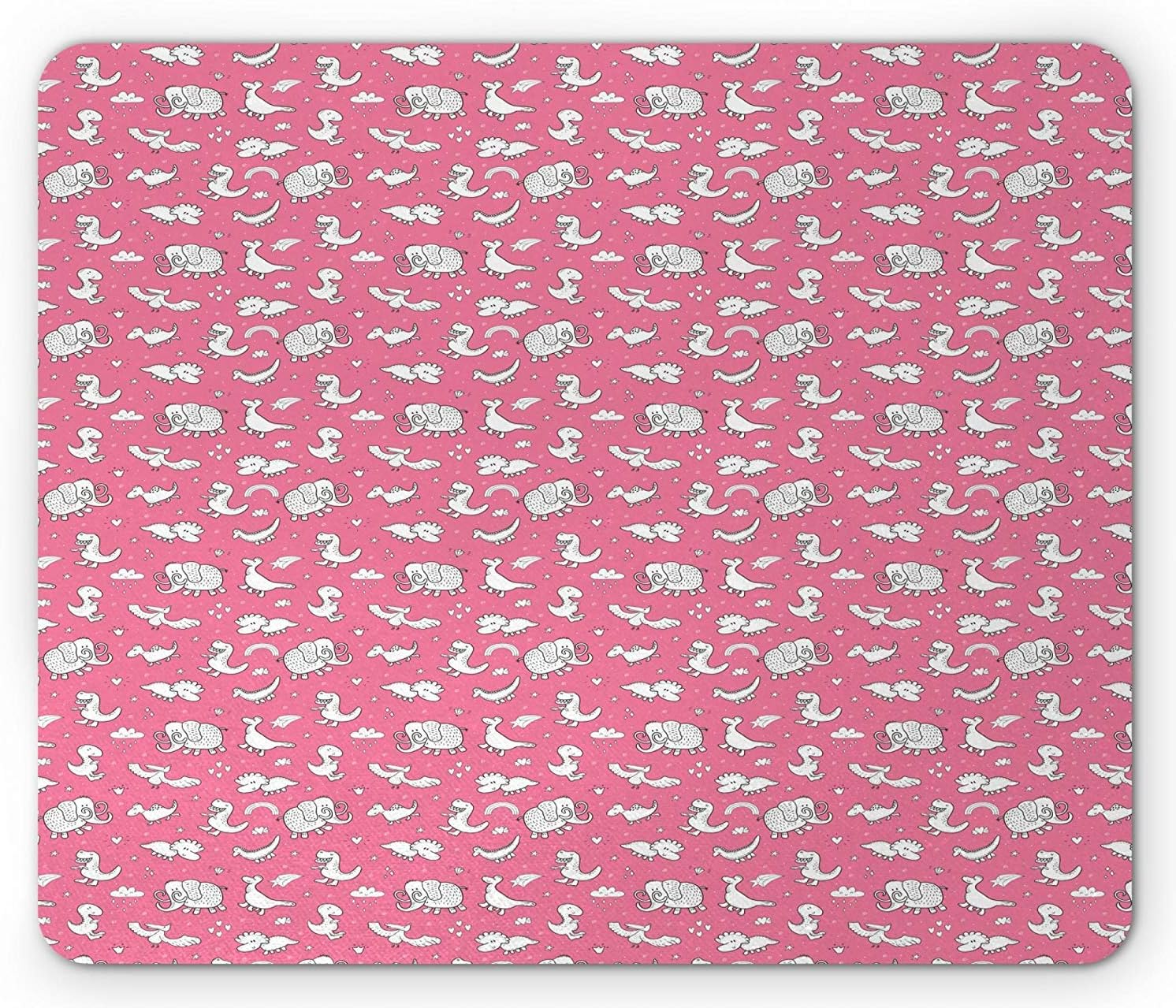 Pink and White Mouse Pad, Doodle Prehistoric Animals with Rain Clouds and Hearts Children Nursery, Standard Size Rectangle Non-Slip Rubber Mousepad, Pink and White