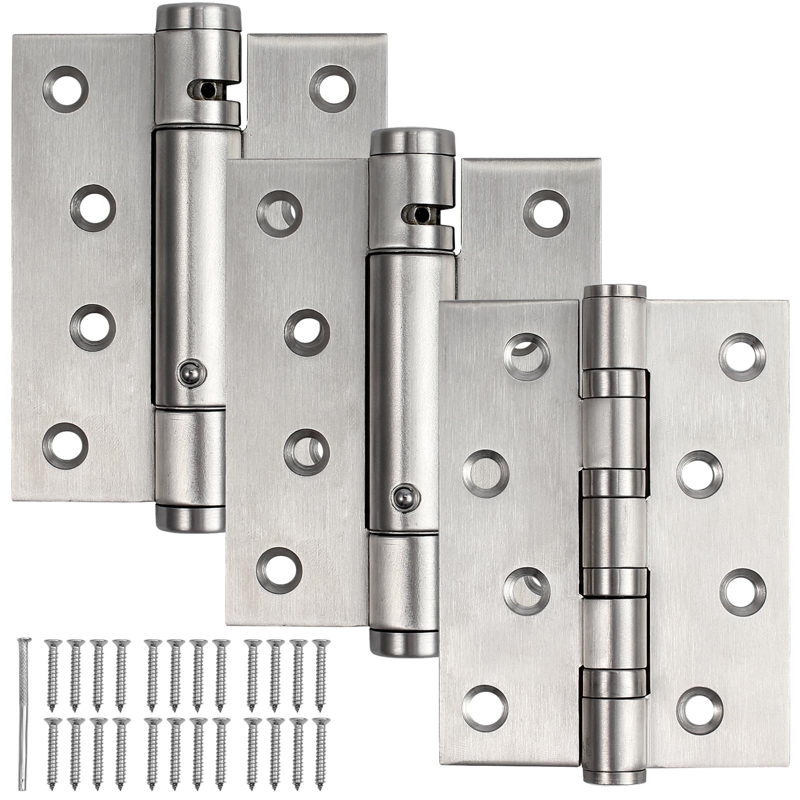 AMTOVL Door Hinges, 3Pcs 4" Fire Rated Door Hinges Self Closing Adjustable Spring Hinge Single Action Stainless Steel Polished Chrome - 2 Spring Hinge and 1 is Not with Screws and Pin