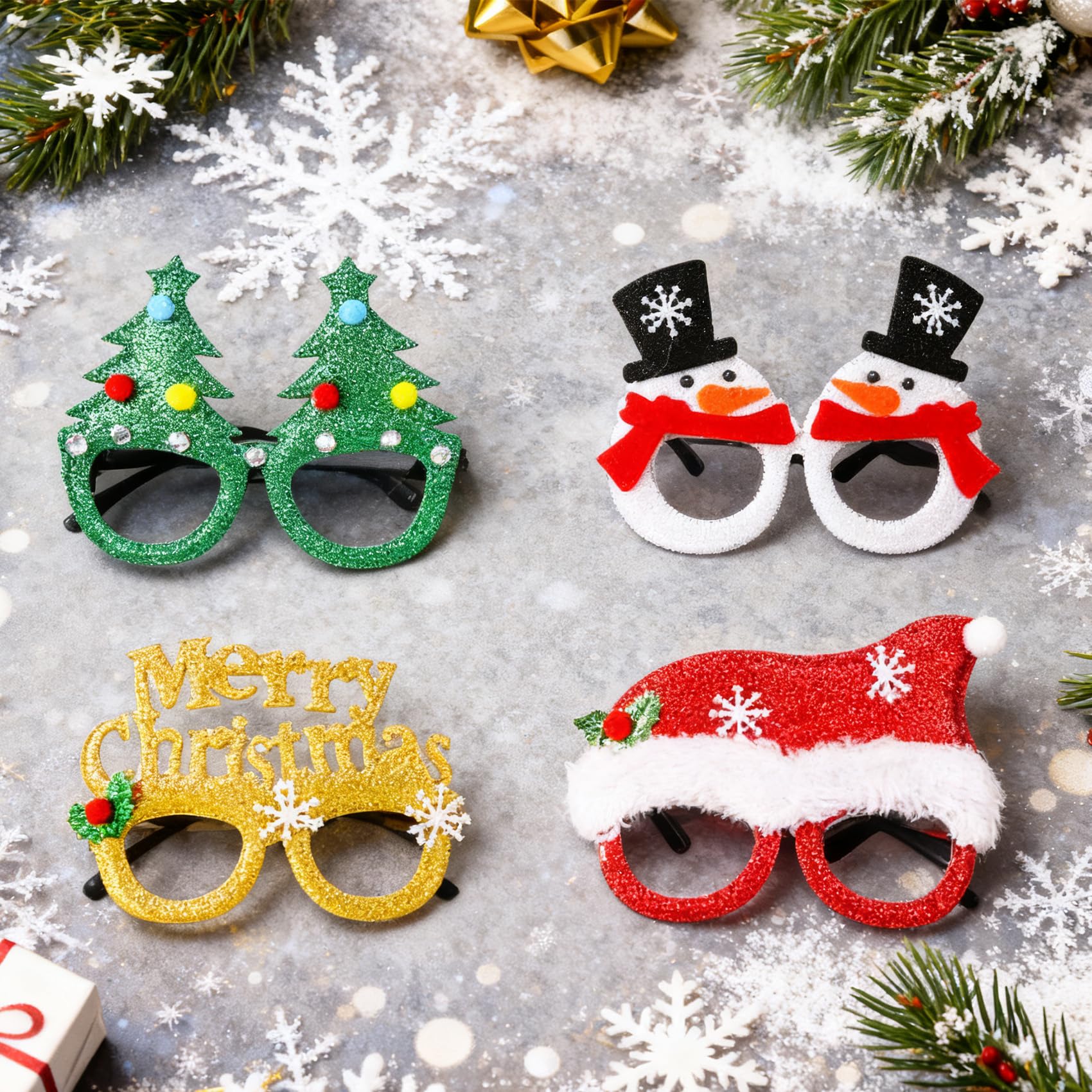FORTSPANG 12-Pack Christmas Glasses Frames - Fun Party Eyewear Accessories for Christmas Dress-Up Costumes, Kids and Adults (4)