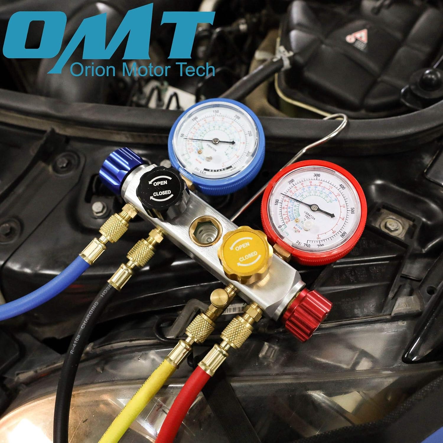 4 Way AC Diagnostic Manifold Gauge Set, Fits R134A R410A and R22 Refrigerants, with 5FT Hose, 3 ACME Tank Adapters, Adjustable Couplers and Can Tap: Automotive