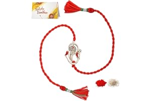MEENAKARI HERITAGE JEWELLERY Meenakari Men's Cotton 92.5 Sterling Silver Om Ganesha Rakhi Bracelet for Brother (Red)