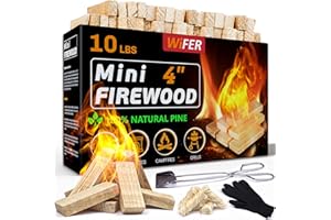 WiFER Mini Fire Stick with Fire Starter & Tongs, 4'' Kiln-Dried Pine Great Firewood for Wood Stoves, Tabletop Fire Pit, BBQ Grill, Pizza Oven, Solo Stove Accessories, BBQ Accessories, 10 lb Box
