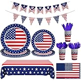 Cecnamt American Flag Themed Party Decorations, 170 Pcs Patriotic Party Decorations Including Banner, Plates, Cups, Napkins, Cutlery, Straws and Tablecloths, Serves 24