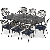 VIVIJASON 9-Piece Outdoor Furniture Dining Set, All-Weather Cast Aluminum Patio Conversation Set, Include 8 Cushioned Chairs and an Oval Table with Umbrella Hole for Lawn Backyard, Navy Blue Cushion