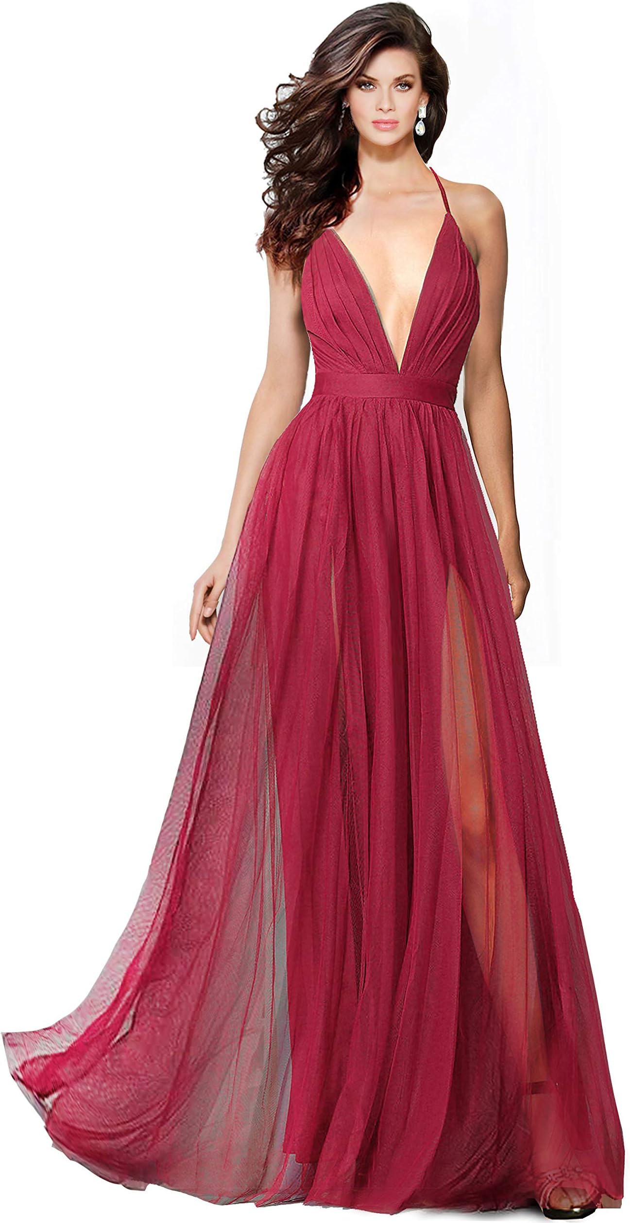Alluring deep v-Neckline Spaghetti Straps Criss-Cross Open Back Tulle Dual Front Slits Evening Prom Formal Dress