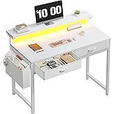 DurayLoly Computer Desk with 2 Drawers & LED Lights,31.5 Inch Home Office Desks with Side Pocket and Monitor Stand,Study Writing Table for Small Spaces,White