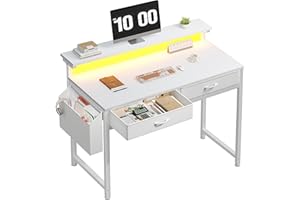 DurayLoly Computer Desk with 2 Drawers & LED Lights,31.5 Inch Home Office Desks with Side Pocket and Monitor Stand,Study Writ