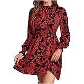 MakeMeChic Women's Floral Print Long Sleeve Mock Neck Shirred A Line Casual Short Mini Dress
